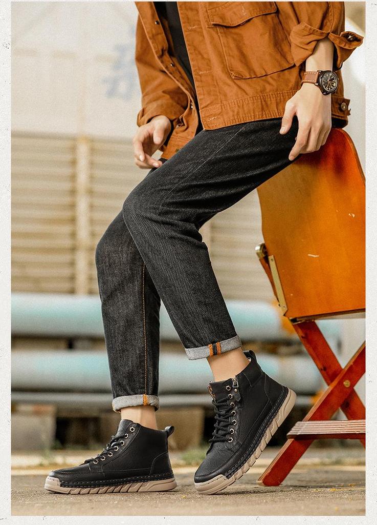 Men's Plus Size Handmade Leather High-Top Winter Boots with Velvet Lining