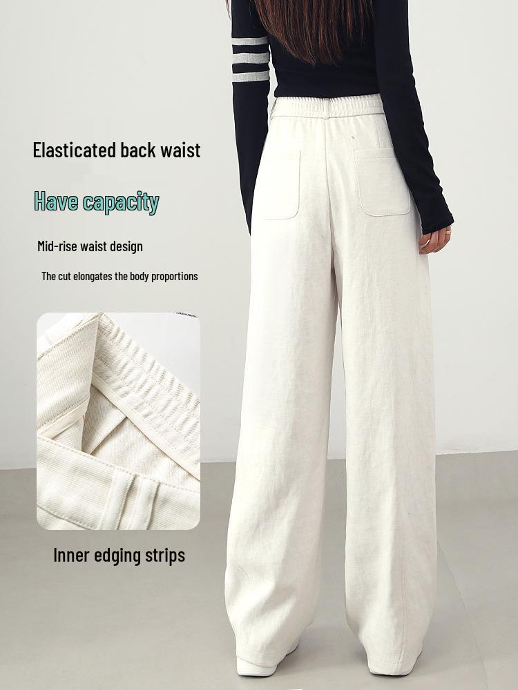 White Linen Loose-Fit Old Money Style Women’s Elastic Waist Wide-Leg Trousers, Casual Spring 2026 Collection
