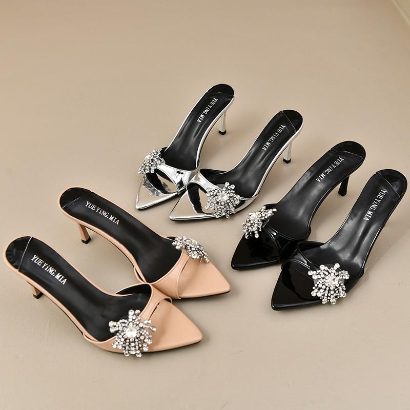 Mi Ting pointed rhinestone one-word open-toed thin heel cool slippers women's 2025 new temperament wear high heel one-word drag