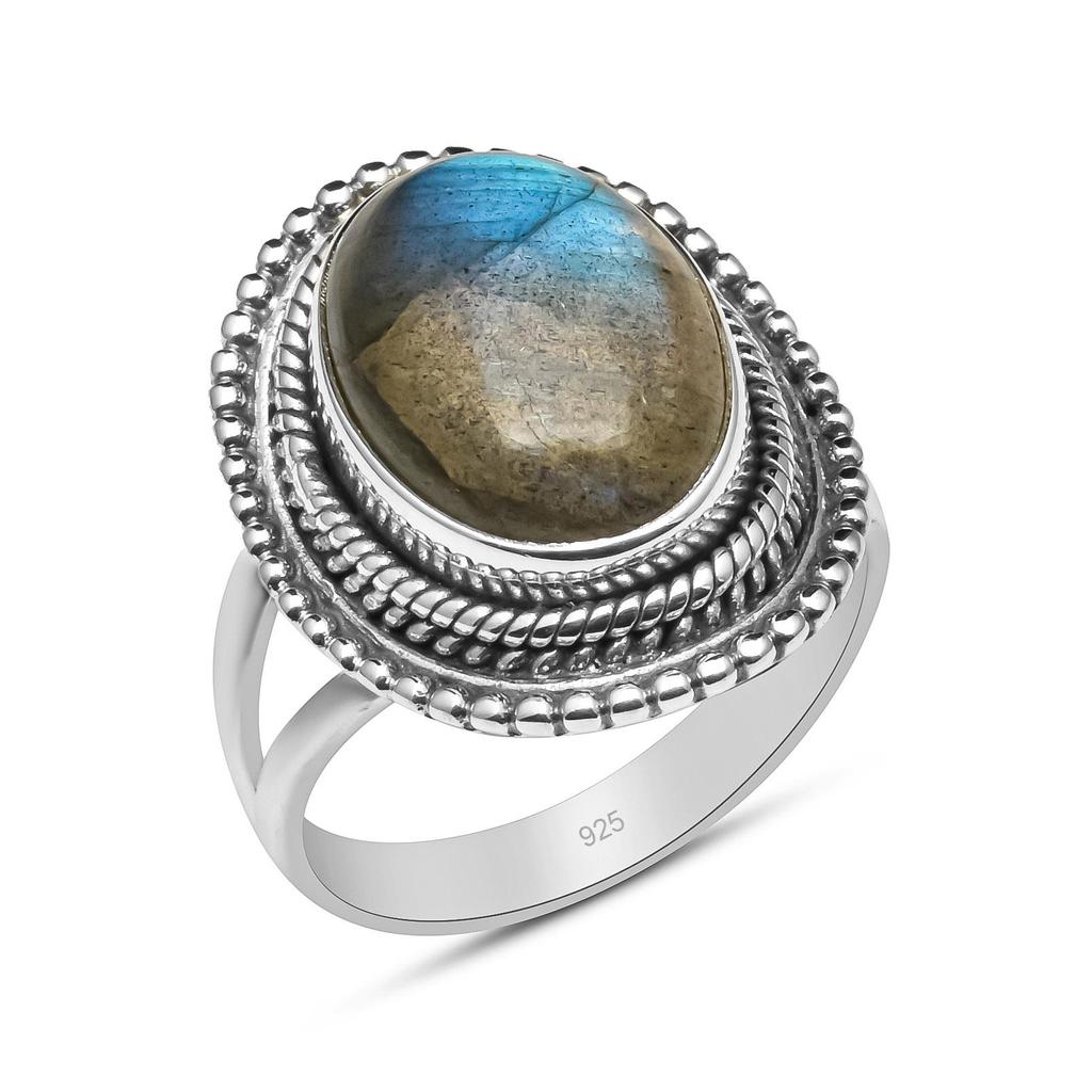 Natural Labradorite Gemstone Solid 925 Sterling Silver Beaded Split Shank Ring For Women & Girls Size 5 To 12