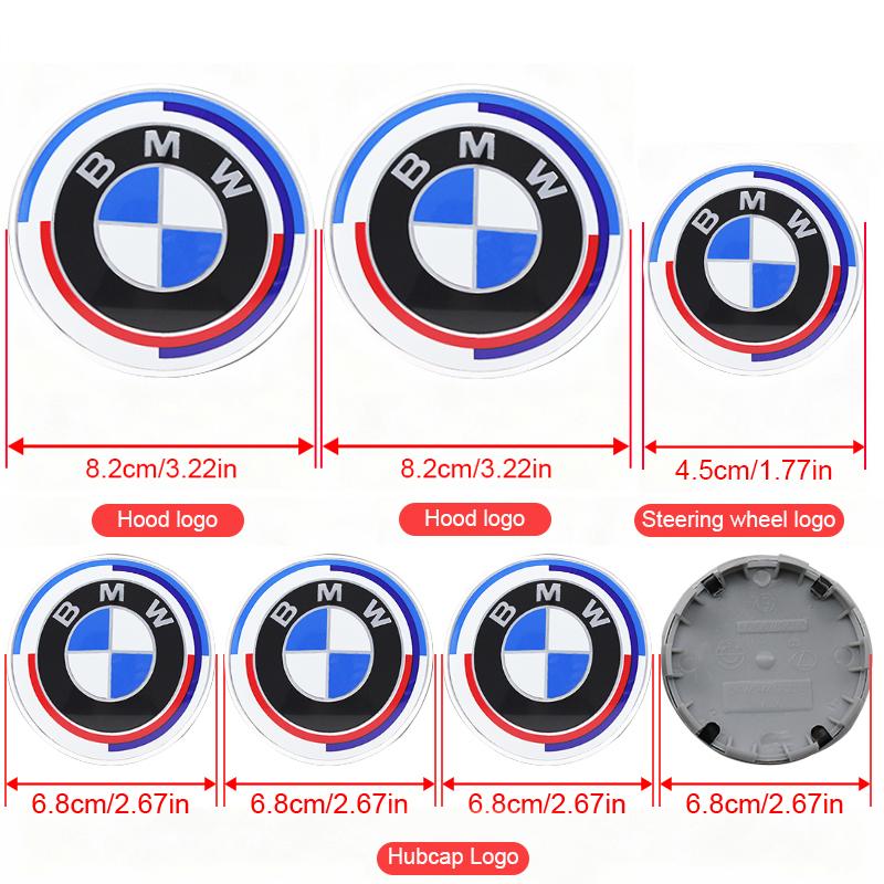AAAON1 1/4/7Pcs Car Front Rear Logo Hub Center Cover Steering Wheel Center Emblem Stickers For BMW 50th Anniversary E60 E93 G01 E87 G20