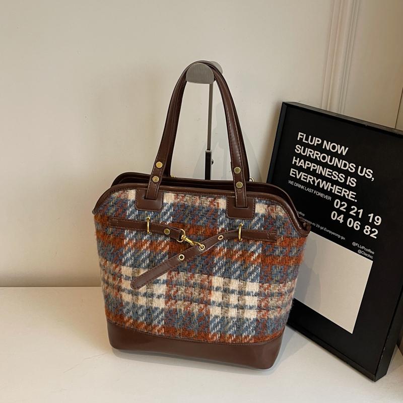 Karierte Einkaufstasche mit großer Kapazität, Umhängetasche für Damen, Vintage-Rucksack