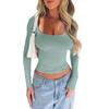 Top Y2K Feminino Slim e Justo Cor Sólida Decote U Manga Longa