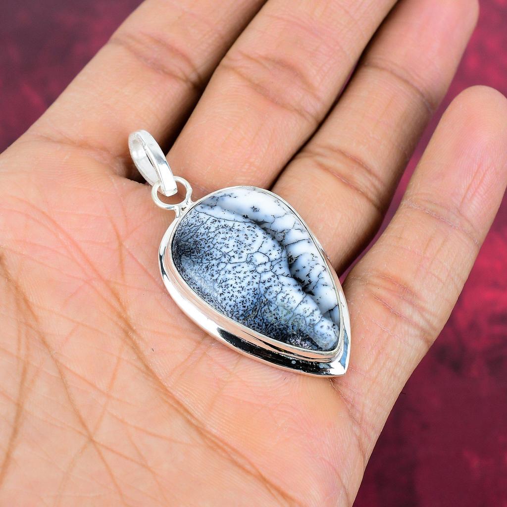 Dendrit Opal 925 Sterling Silber Anhänger, handgemachter Edelstein Schmuck Anhänger Geschenk zum Geburtstag