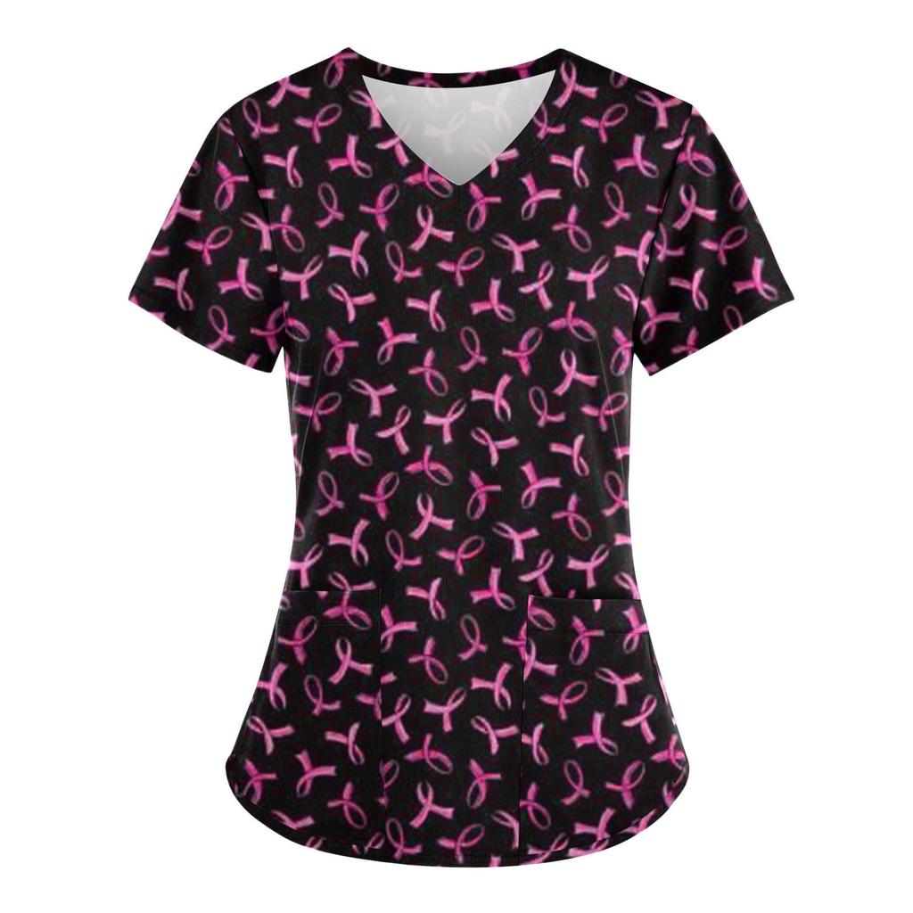 Scrubs Medical Uniform Pink Ribbon Cancer Fighter Graphic Women's Uniforms V Neck Short Sleeve Tops with Pockets Scrubs for Wome