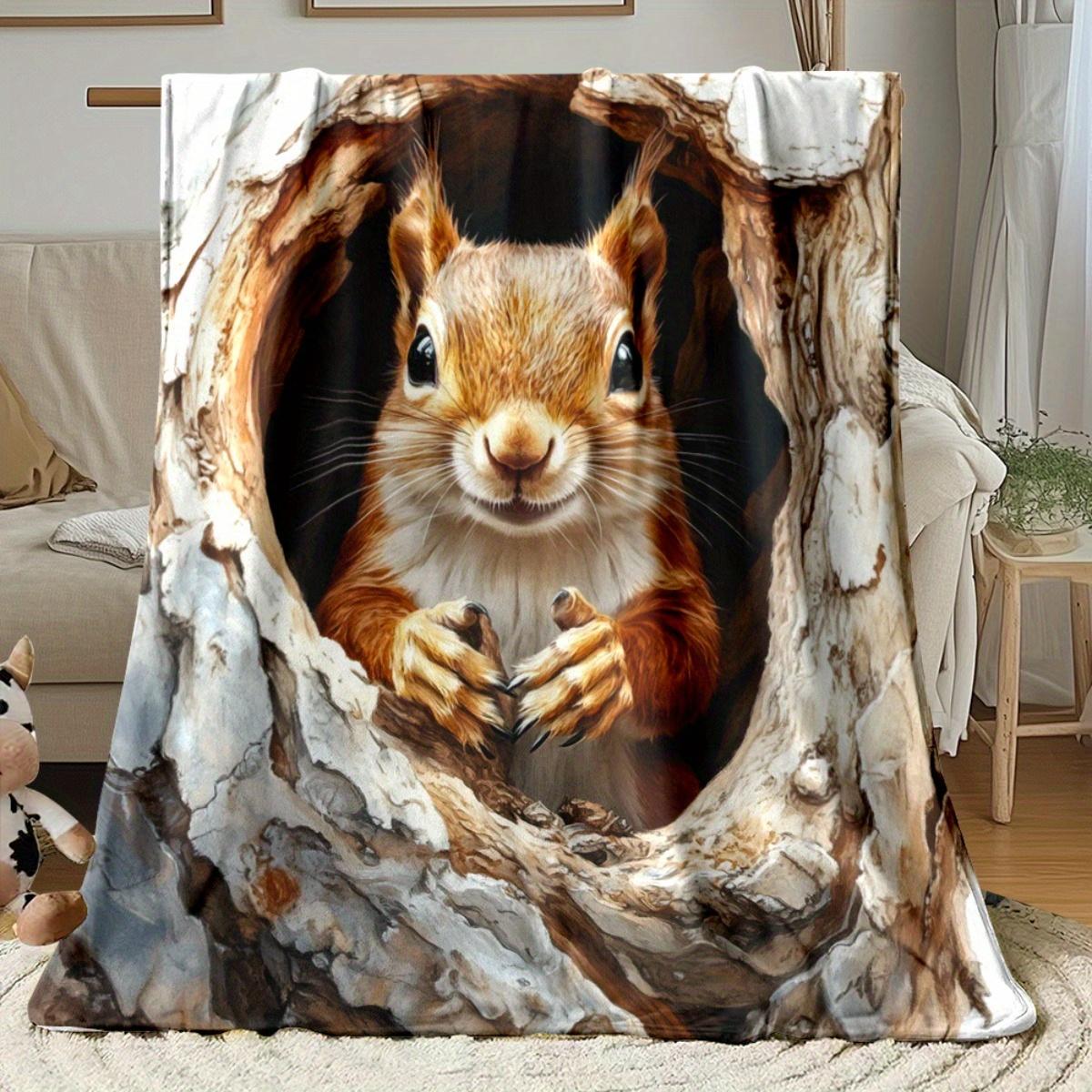 Custom Squirrel Blanket Red Squirrel Peeking Tree Hollow Forest Design Personalized Name Fleece Throw All Season Soft Warm 75X95CM