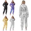 Glänsande Metallisk Jumpsuit för Scen och Fest för Kvinnor S-3XL: Överall med nedvikt krage och bälte, långärmad design med hög midja
