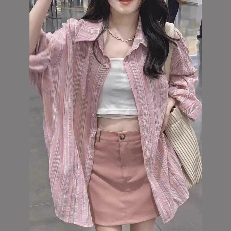 Women's Pink Striped Cardigan: 2026 Spring Sun Protection Shirt with Stylish Design and Relaxed Fit.