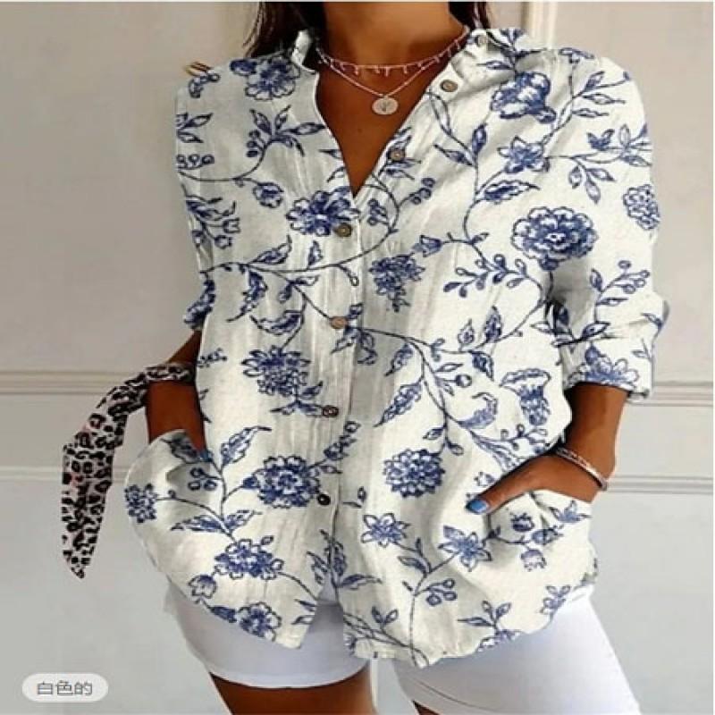 Dames Katoen Linnen Bedrukte Knopen Blousejas Casual Lange Mouwen Blouse 2025