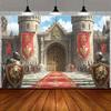 2D banner 1 piece, 2D medieval castle background with red lion shield and Knight design Halloween party, themed event, tailgate