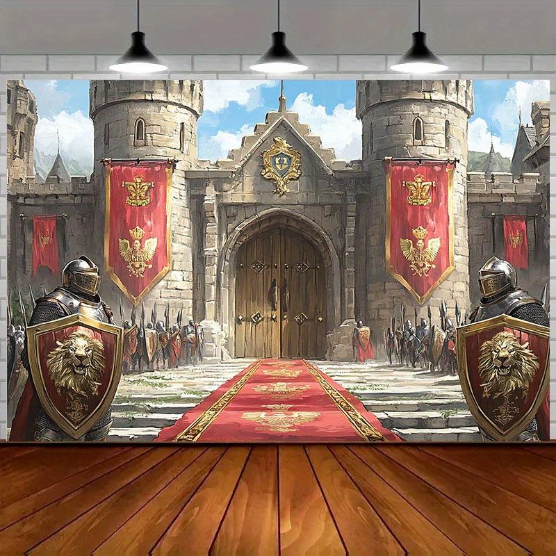 2D banner 1 piece, 2D medieval castle background with red lion shield and Knight design Halloween party, themed event, tailgate