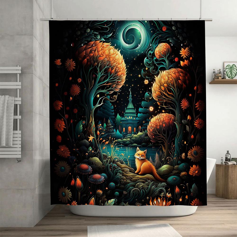 Enchanted Forest Shower Curtain: Magical Tree with Moonlit Pathway Luxurious Orange Cat Bath Mat Decorative Bathroom Set for Gir