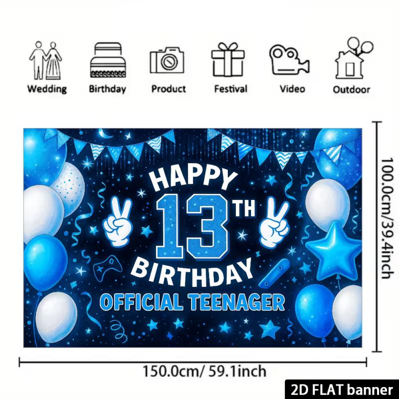 2D 13th Happy Birthday Backdrop - Blue Star Glitter Banner for Boys 13th Birthday Photoshoot Party Decor