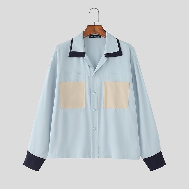 

INCERUN Plus Size Men Casual Lapel Neck Long Sleeve Patchwork Buttons Shirts Tops 5XL синий