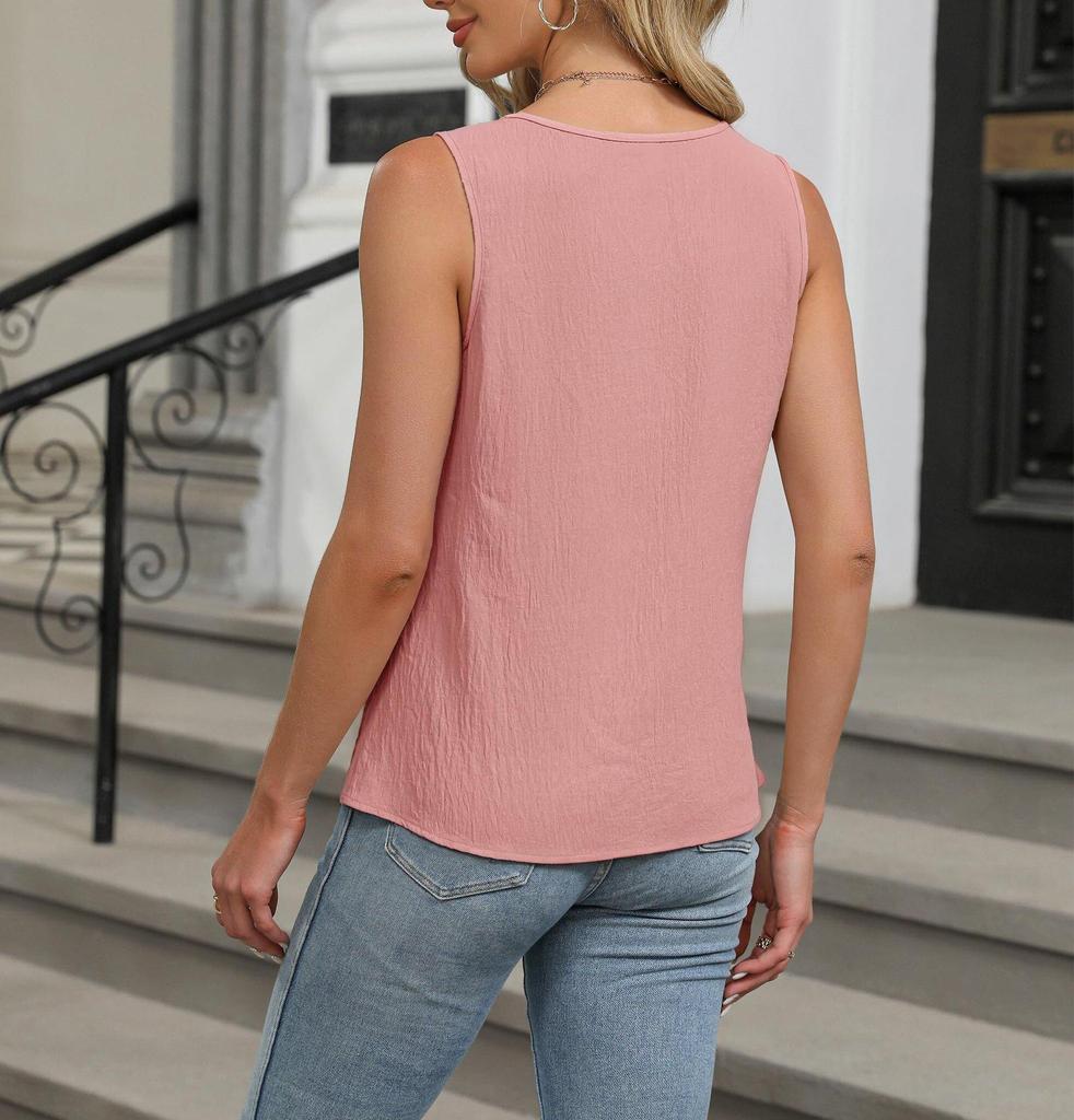 2025 Summer Women's Pleated Solid Color Sleeveless Hollow Out T-shirt Vest
