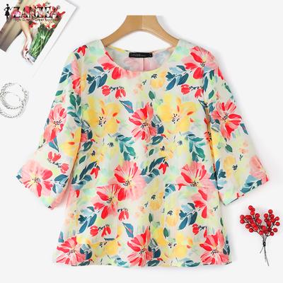 Women Casual Round Neck 3/4 Sleeve Loose Floral Blouse