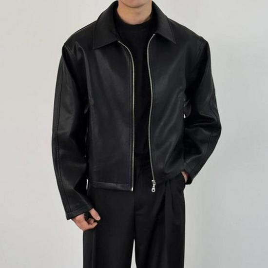 Herren Lederjacke im amerikanischen Retro-Stil, Rotes Innenfutter, PU, Frühling/Herbst, Kurz, Weiter Schnitt