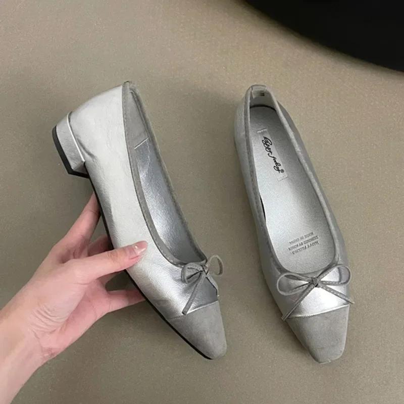 

New Fashion Designer Mixed Color Bow Round Head Casual Flat Women Shoes Soft Comfortable Flat Square Heel Banquet Women Shoes 39 серебряный