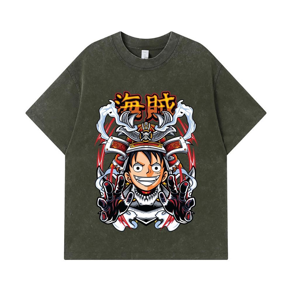 275 GSM Washed T-shirts 100% Cotton One Piece V70 Luffy Samurai Print Unisex Heavy Cotton T Shirt