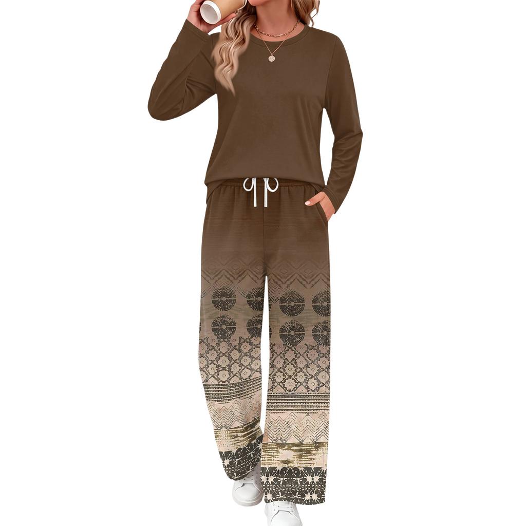 Women's Casual Printed Long Sleeve Round Neck Loose Fit Pajama Set with Pockets for Home Wear