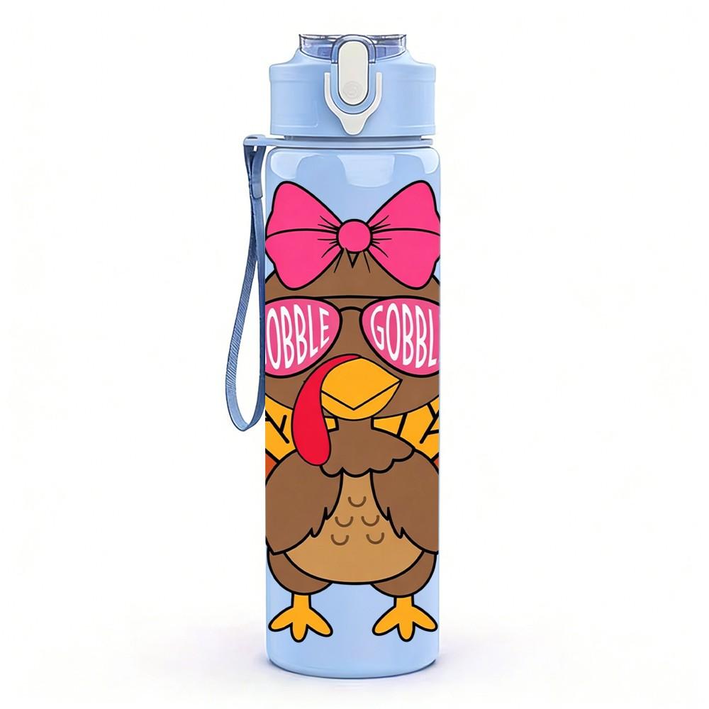 1PC Thanksgiving Turkey Fall Cartoon Print 750ml Color Plastic Sports Water Bottle Leakproof Flip Straw Lid Suitable for Sports Office Home Use