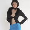 2022 Women Feather Fur Mesh Lace Up Backless Long Sleeve Cut Out Shirt Slim Sexy Party Club Streetwear Summer Y2K Crop Top