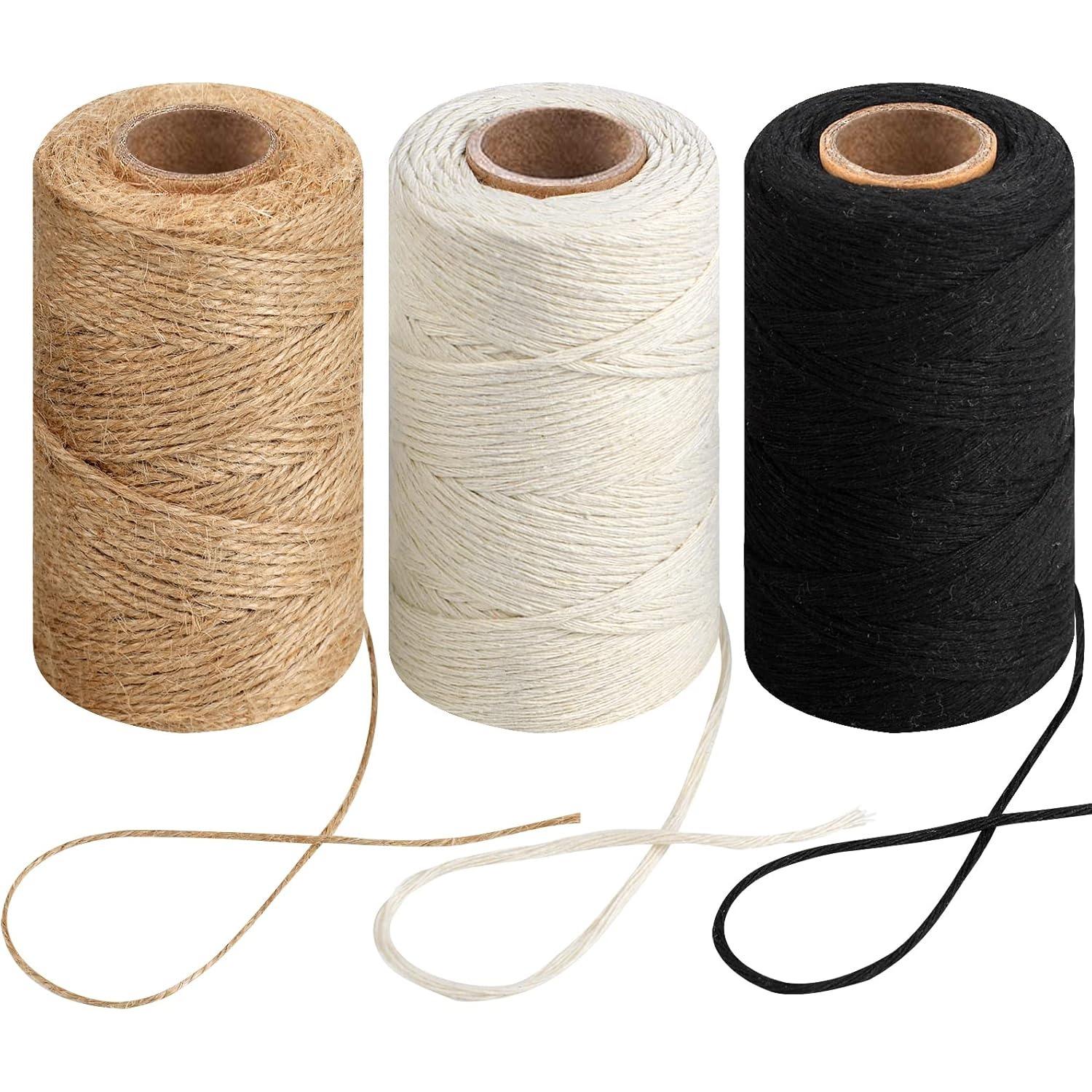 984 Ft Twine String, Natural Jute Twine, 2mm White Cotton Rope, 10ply Black Cotton for Crafts, Art, Gardening Plants, Gift Wrapping, Decoration 3 Rolls