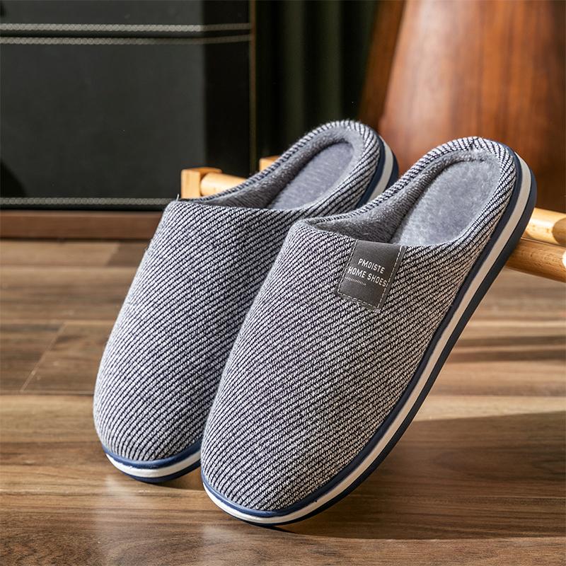 Mens Memory Foam Slippers Winter Non Slip Stripe Unisex Indoor House Shoes for Men Plus Size