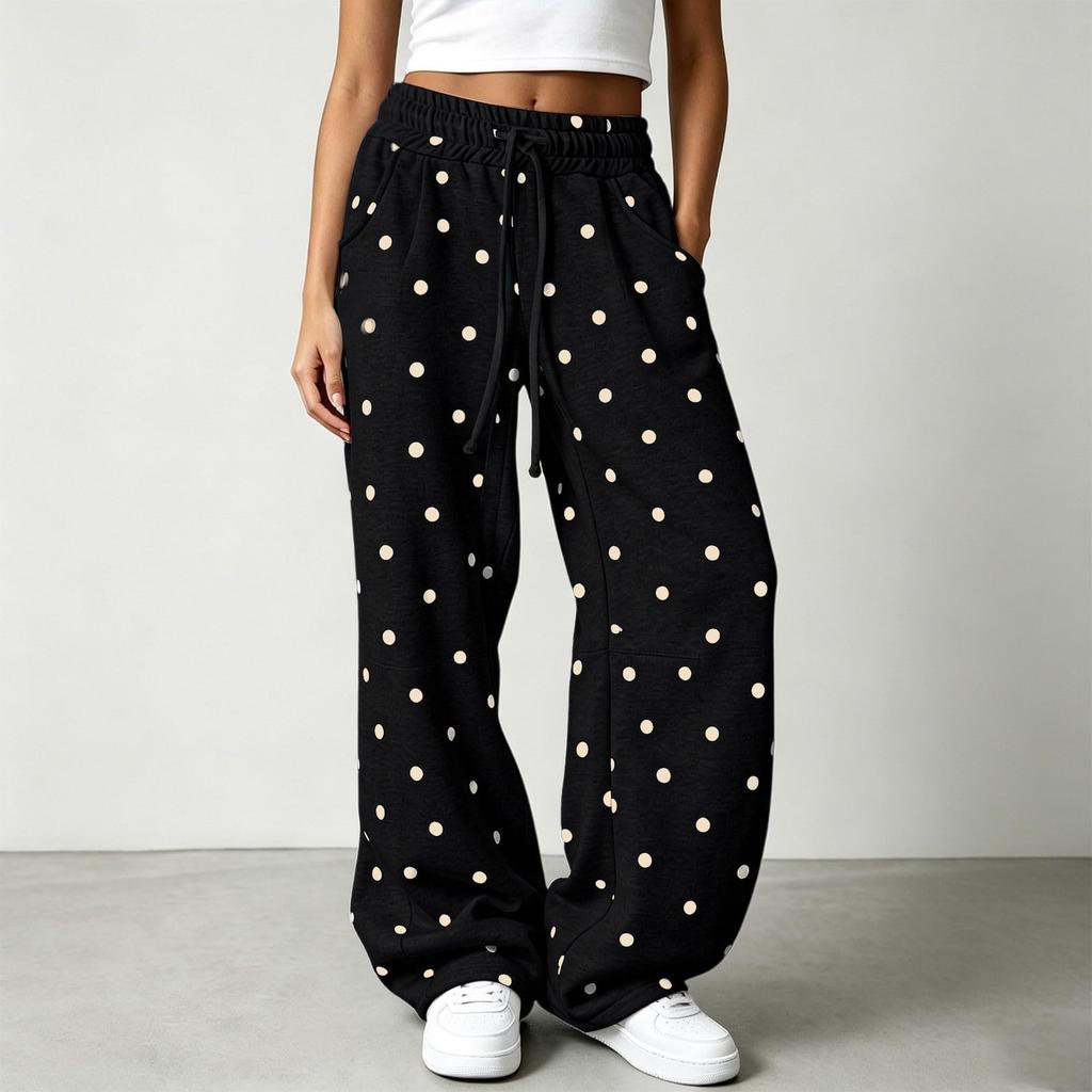 Women's Retro Polka Dot Wide Leg Pants with Elastic Waist, Flowy Casual Trousers for Everyday Wear