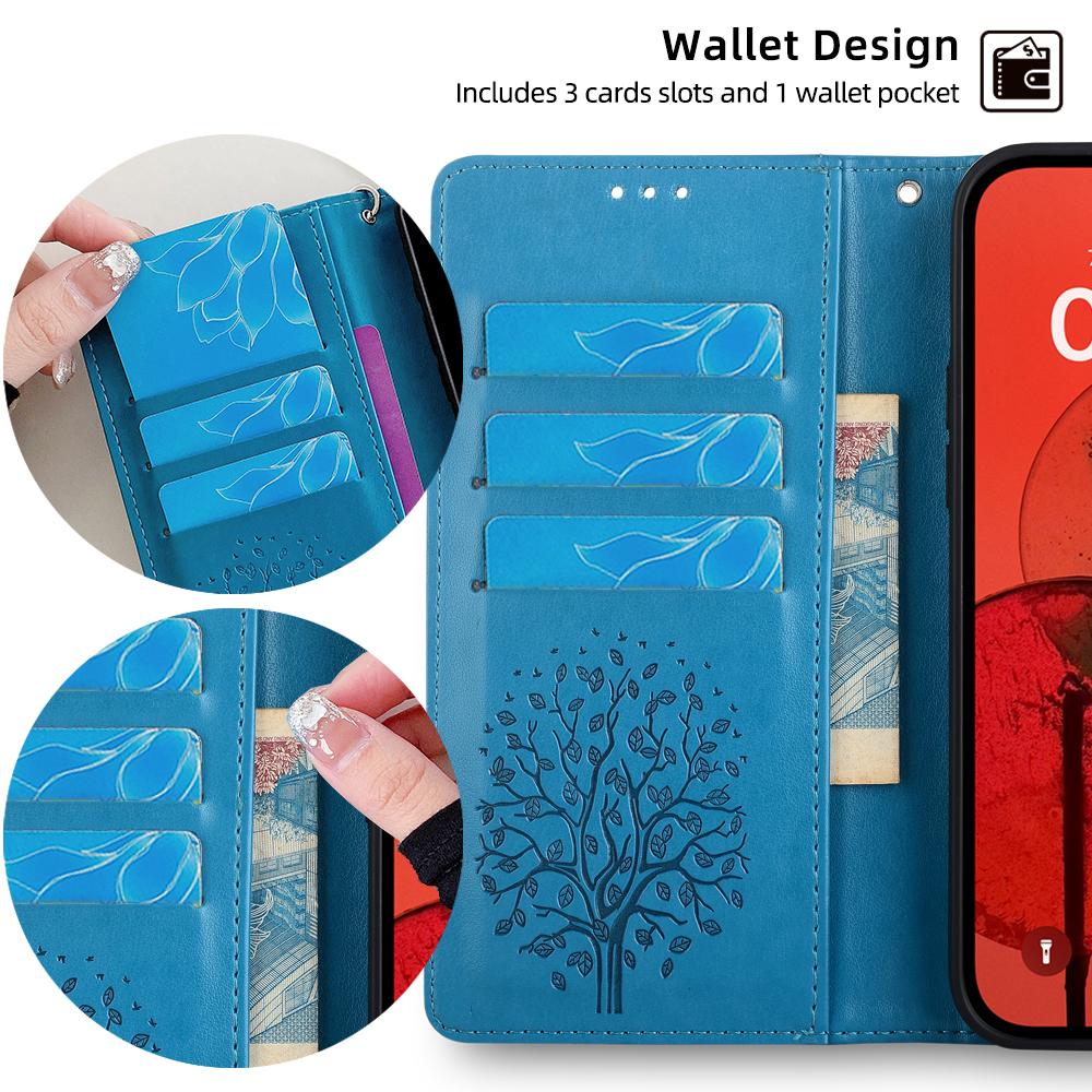 For Samsung Galaxy A25 5G (Global) (161.0 X 76.5 X 8.3mm) Case Imprinted Deer Tree Pattern 3 Card Slots Phone Protector with Hand Strap