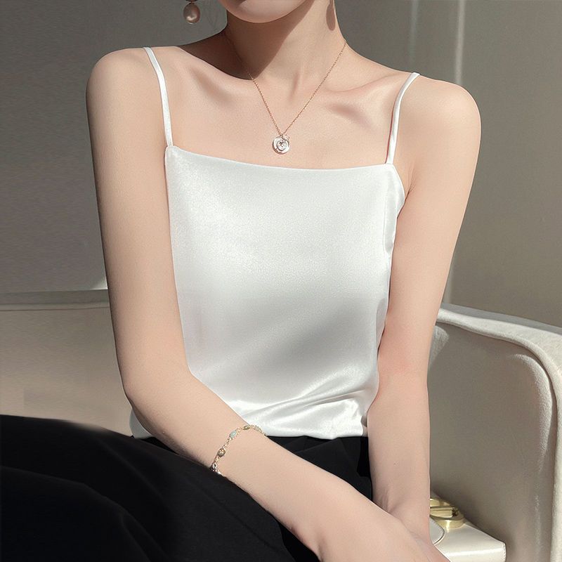 Satynowa kamizelka na ramiączkach, damski biały garnitur z letnim satynowym topem, jednolity kolor, luźny, swobodny top na ramiączkach
