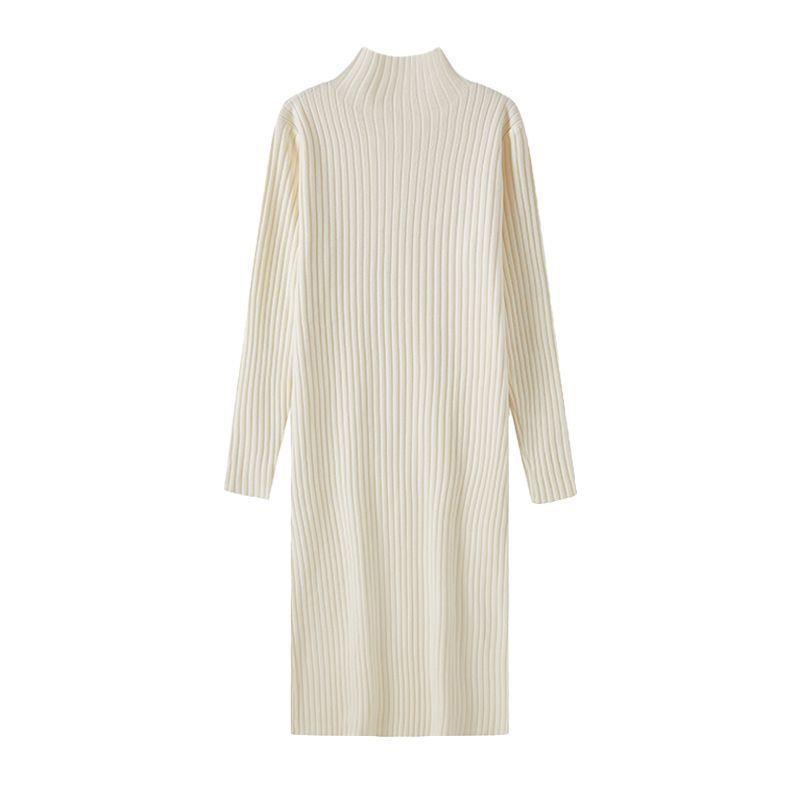 Women's Autumn & Winter Wool Knit Dress - Half-High Collar, Loose Long Sleeve, Mid-Length Base Layer Over the Knee.