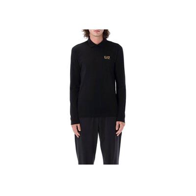 EA7 Letter Print Long Sleeve Polo Shirt Men Tops Black 8NPF15-PJVQZ-0208
