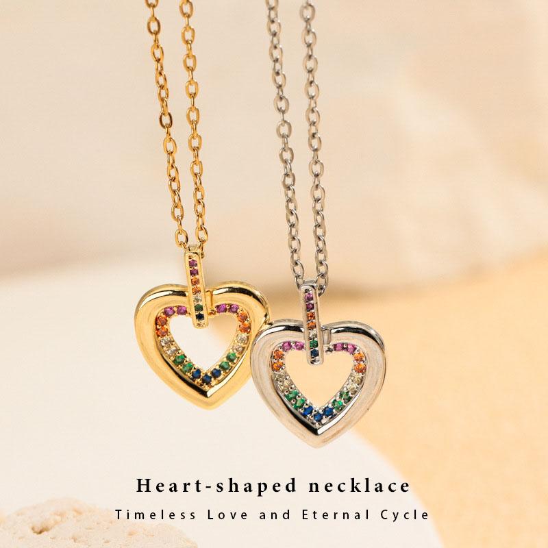 Gold & Silver Plated Rainbow CZ Hollow Heart Necklace, Delicate Jewelry for Women