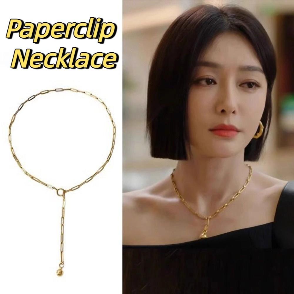Gold Paperclip Necklace Adjustable Sweater Chain Necklace Metal Choker Necklace  Women's Jewelry