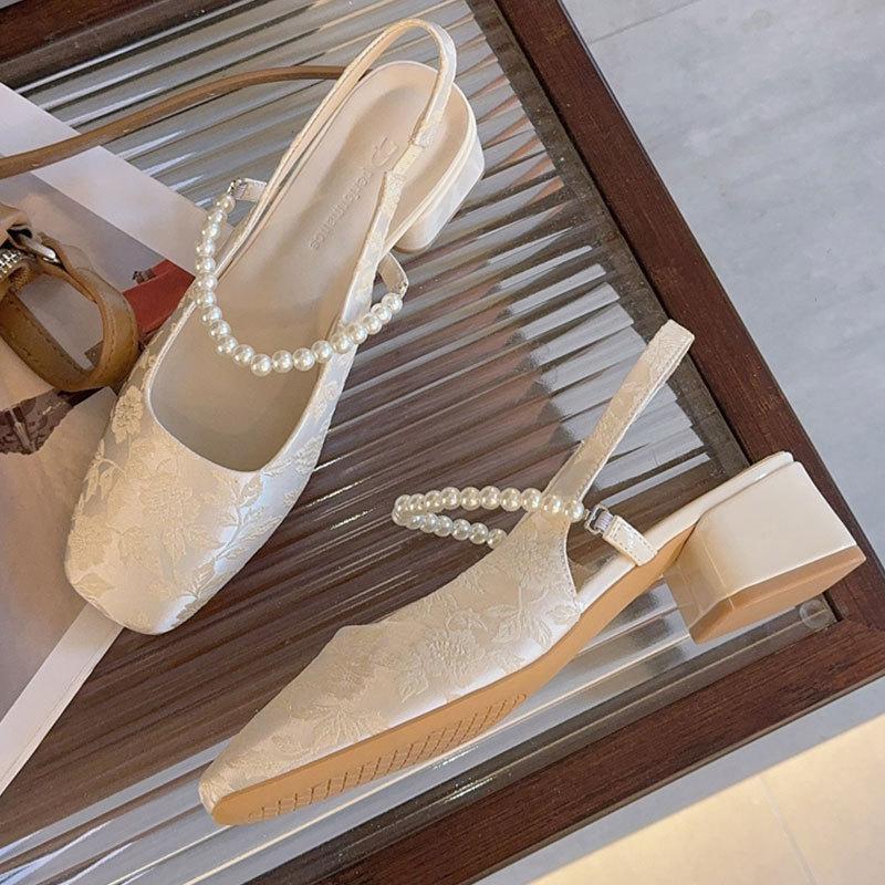 

French pearl Mary Jane shoes square head high heels women s 2025 summer new thick heel light mouth single shoes bag head sandals 40 бежевый