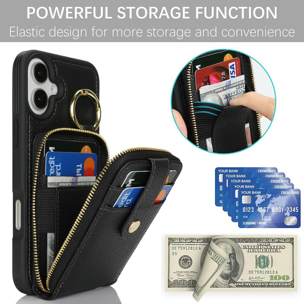 For iPhone 16 Plus Case with Zipper Pouch/Ring Kickstand/Strap Litchi Texture PU + TPU Phone Cover
