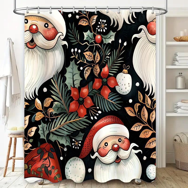 Xmas Santa Claus Shower Curtain Festive Christmas Decor with Floral Patterns for Bathroom Black Red Color Combination 72 x 84 in