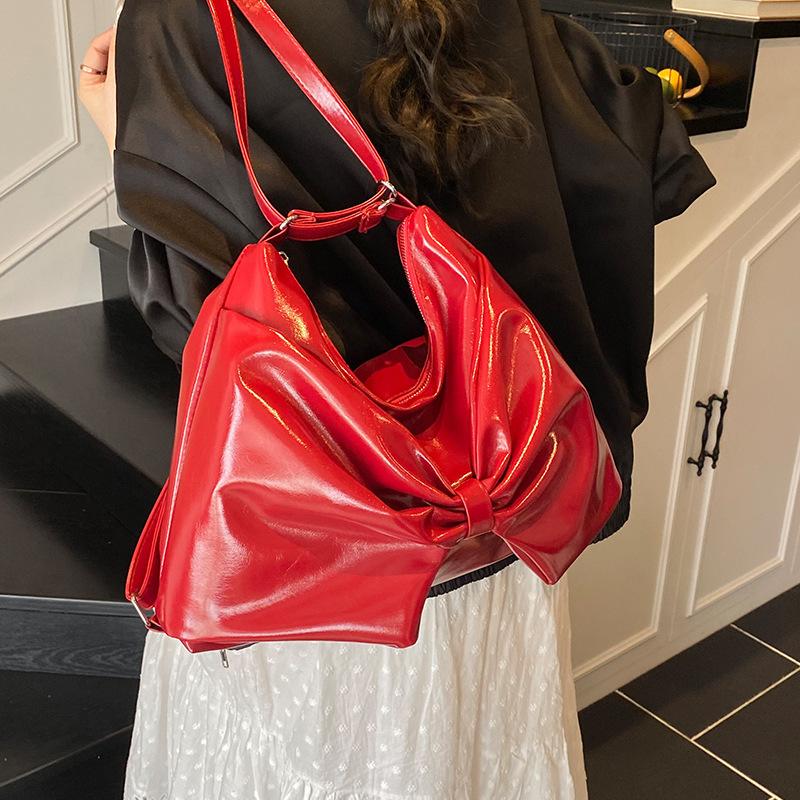 2025 new personalized trend high-end texture big bow tote bag shoulder bag casual solid color double shoulder women's bag