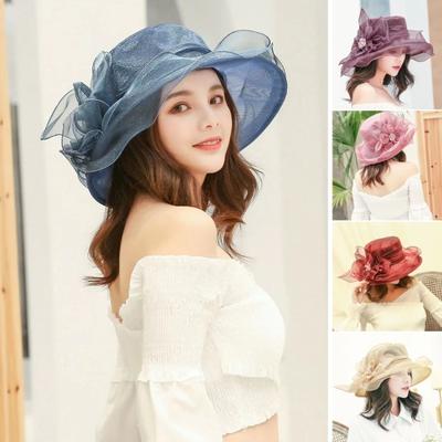 Women Top Hat Elegant Organza Flower Hat Wide Brim Outdoor Beach Hat Foldable Sun Hat Evening Retro Style Party Banquet Clothing Accessories