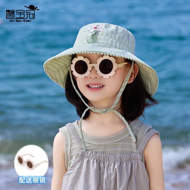 Children's hat Fresh striped sunscreen hat Girls outdoor outing visor hat with sunglasses strapped big eaves bucket hat