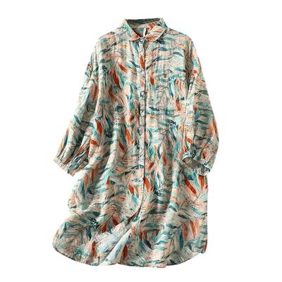 Fall  Cotton Linen Floral Women's Fashionable Early Mid-length Shirt Loose Plus Size