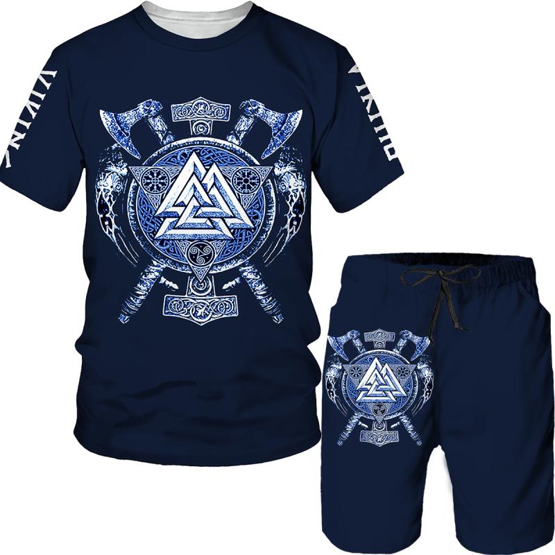 Viking Summer Men T Shirt Set 3D Printed Vintage Clothes Short Sleeve Tshirts Shorts Oversized Tracksuit Fashion Men Sport Suit