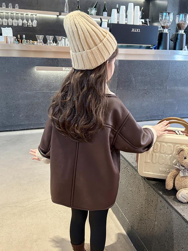 Girls' 2025 Fleece-Lined Leather Jacket - Thickened Winter & Autumn Fashion Coat