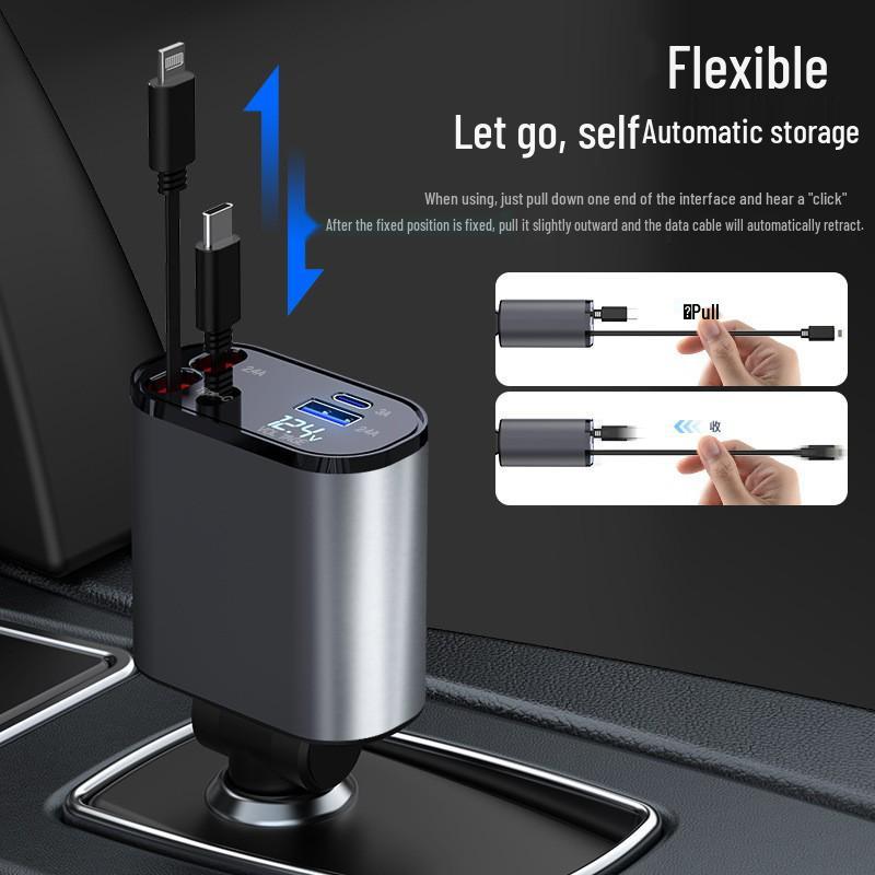 Retractable Four-in-One Car Charger with Starry Sky Light & Alloy Finish for Apple & Huawei