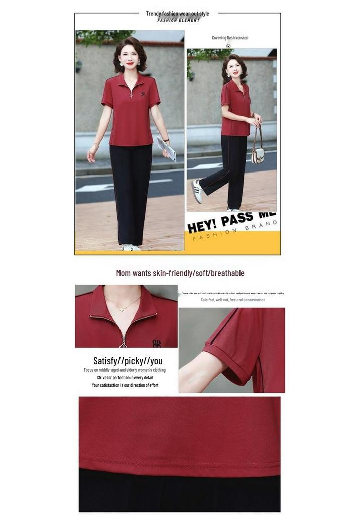 Women's Summer Sports Suit: Stylish, Age-defying, Short-sleeved T-shirt for Middle-aged Ladies with a High-end Feel.