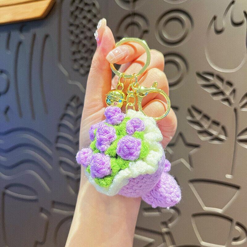 Finished Crochet Yarn Bouquet Keychain Accessories Knitted Rose Sunflower Mini Handheld Flower Doll Accessories Pendant