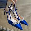 Luxury Satin Rhinestone Flower Design High Heels Women Sexy Pointed Toe Heeled Sandals Back Strap Blue Pumps Party Wedding Shoes