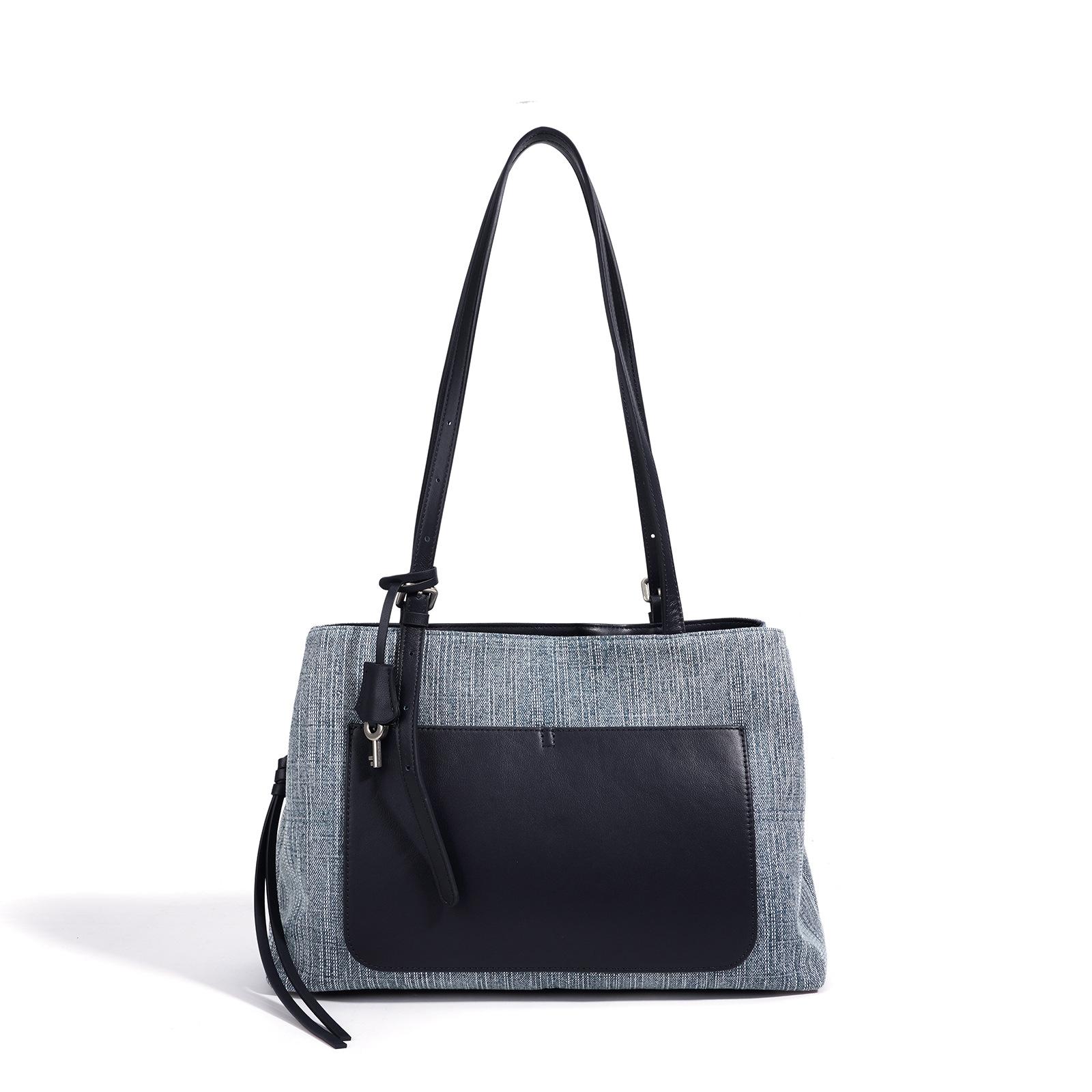 Large-capacity commuter denim bag women s bag summer trendy fashion casual shoulder bag leather splicing tote bag 36*12*23cm
