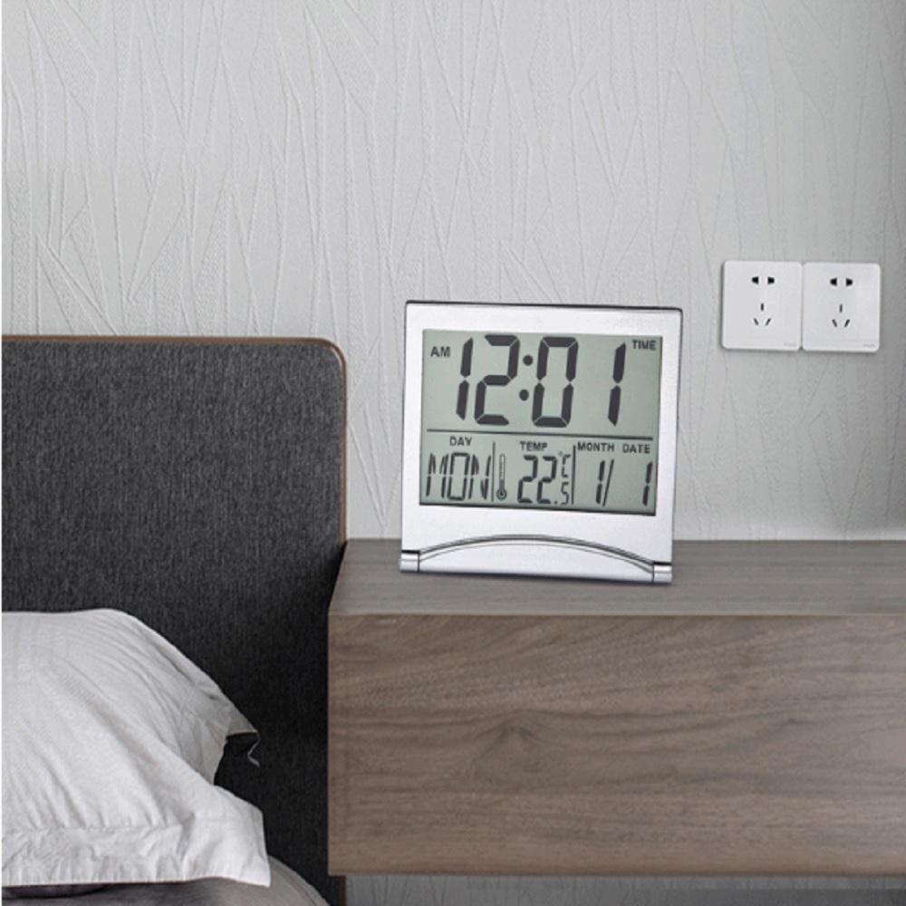 Portable Digital LCD Alarm Clock with Thermometer, Date and Compact Desktop Timer